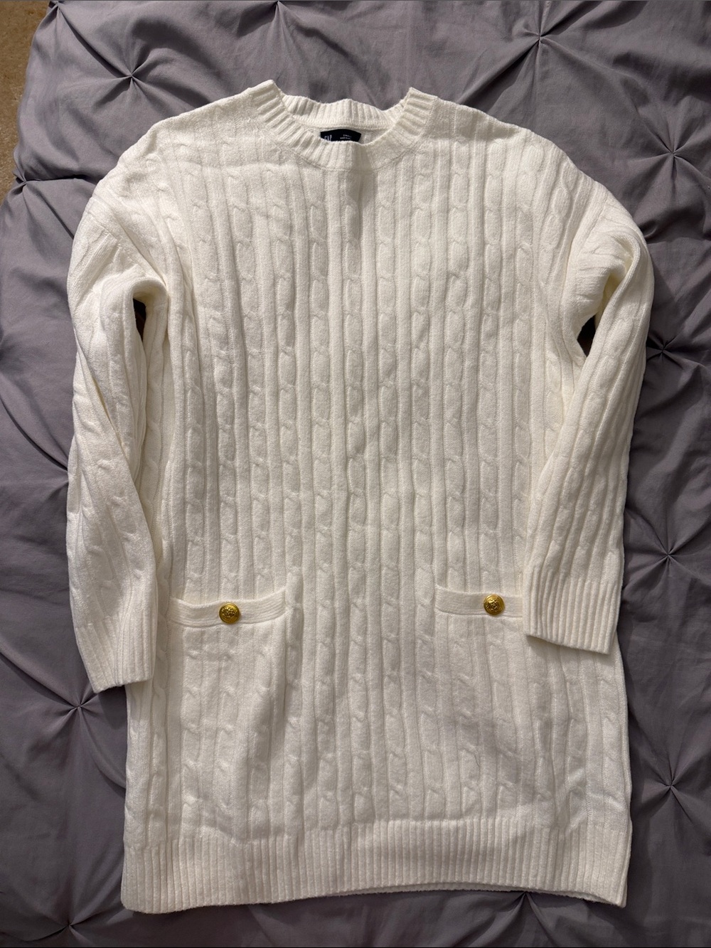 GAP Cream Cable-Knit Sweater Dress with Gold Button Pockets